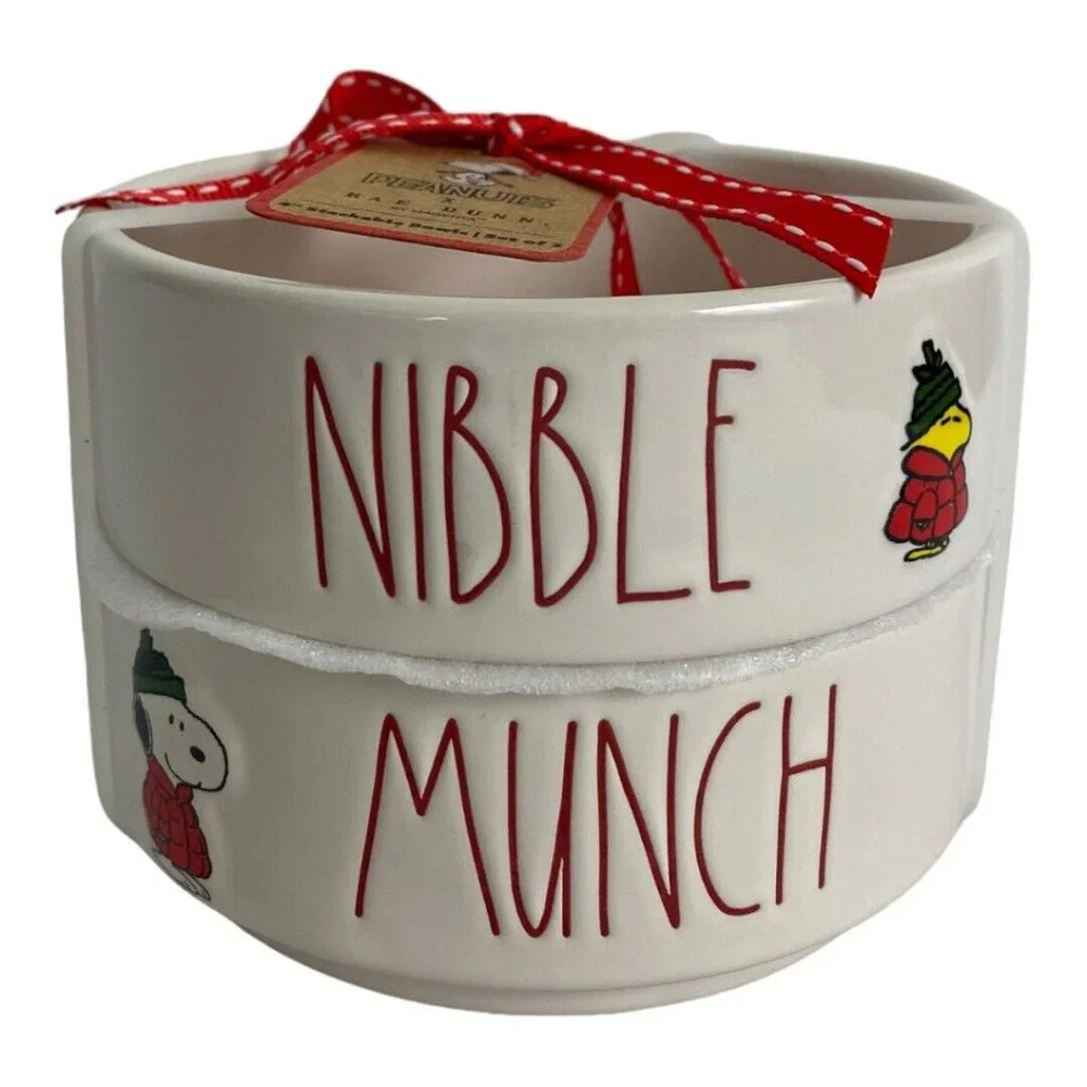 Rae Dunn Peanuts Snoopy Dog Food Balls Set of 2 NIBBLE MUNCH Stackable NEW